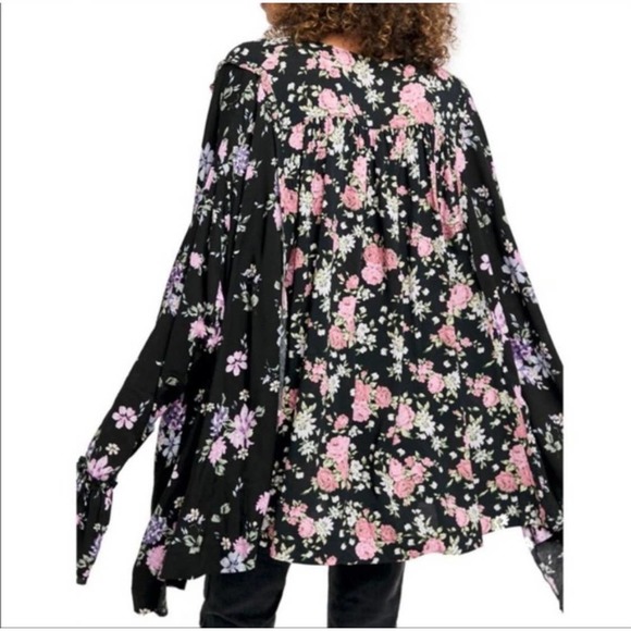 Free People Loretta Floral Print Tunic Shirt Women Size Small Ruffle Black Pink - Picture 8 of 9